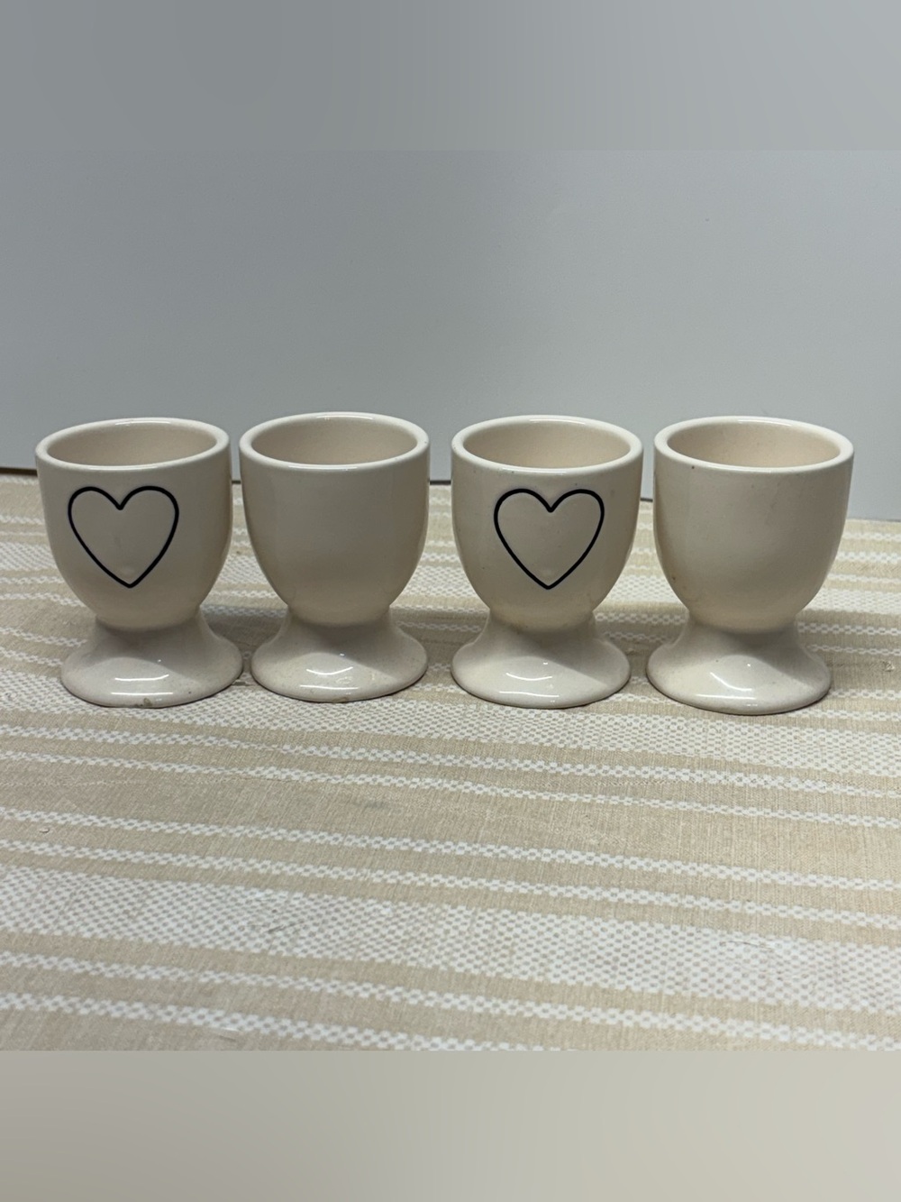 Rae Dunn "Heart " Egg Holder Cup Set,  4 White Ceramic Cups With A Heart